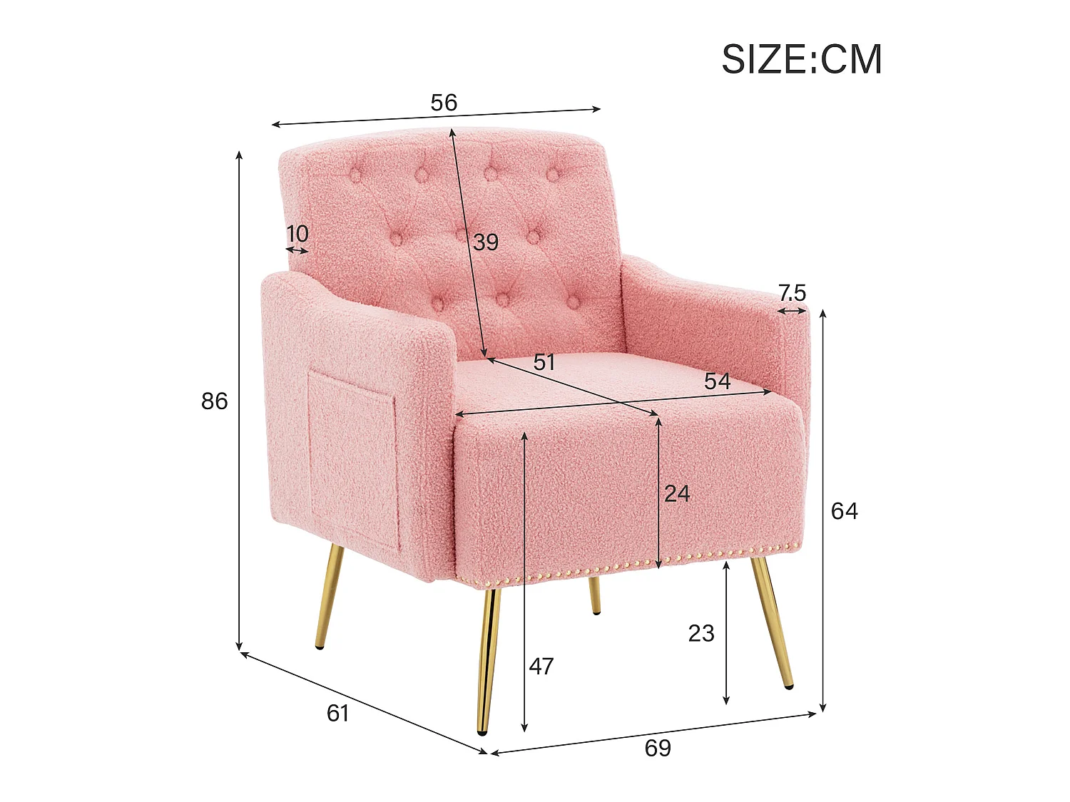 Fauteuil avec poche - pieds en métal doré - tissu teddy rose