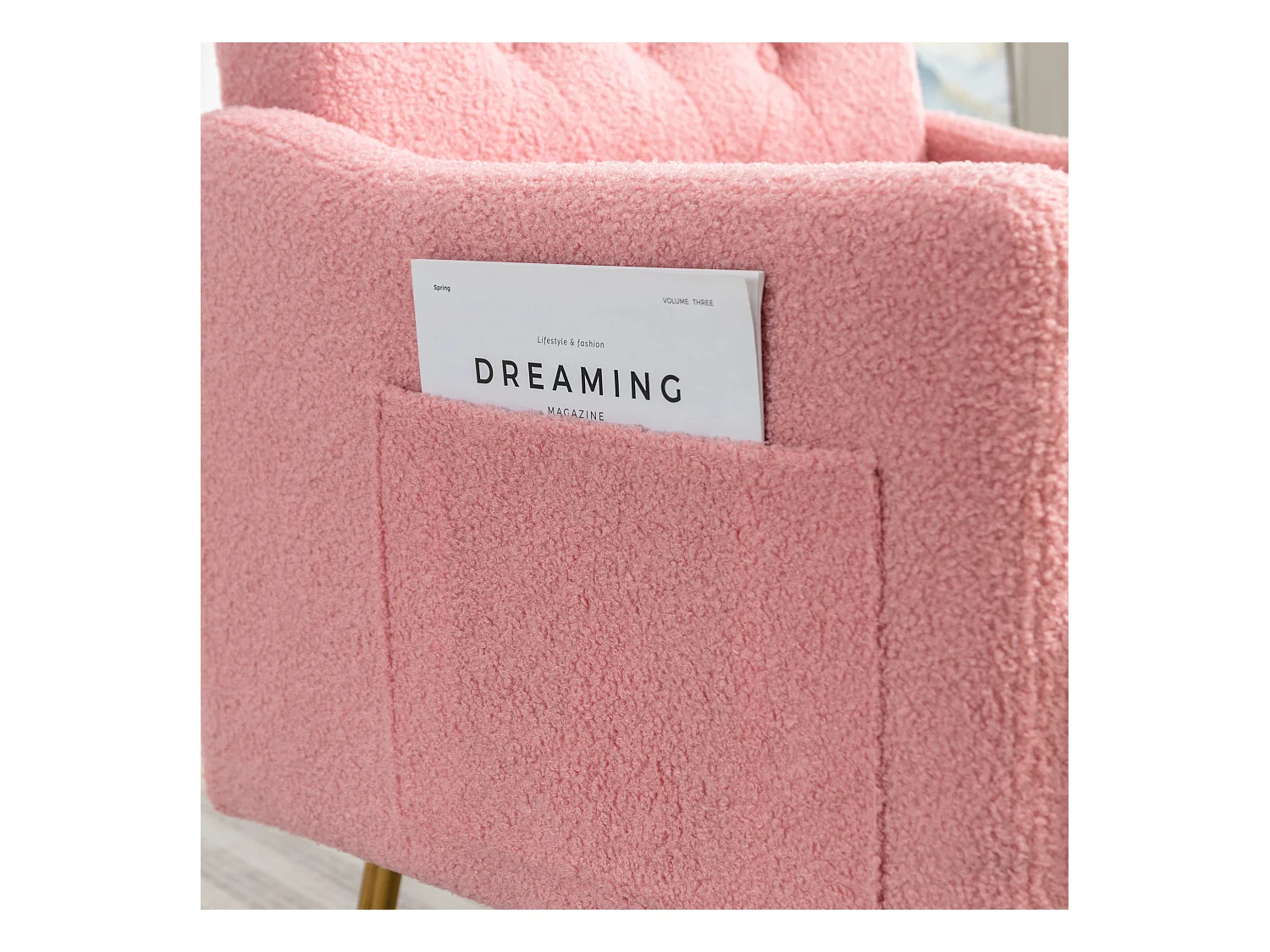 Fauteuil avec poche - pieds en métal doré - tissu teddy rose