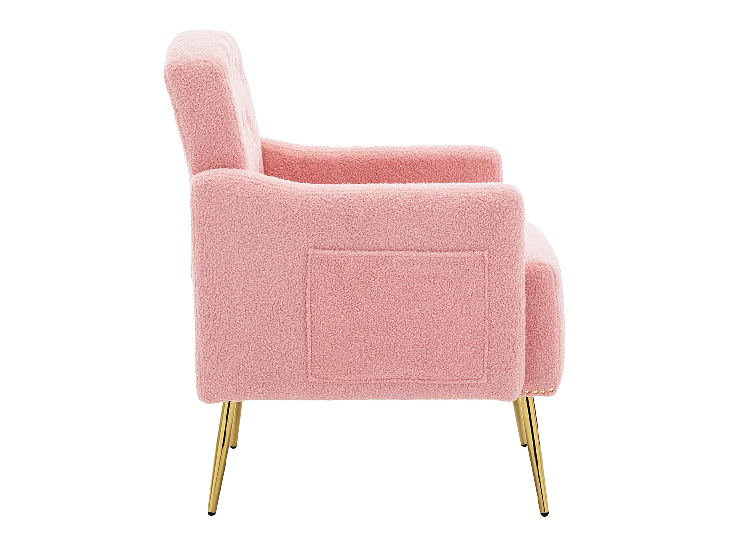 Fauteuil avec poche - pieds en métal doré - tissu teddy rose