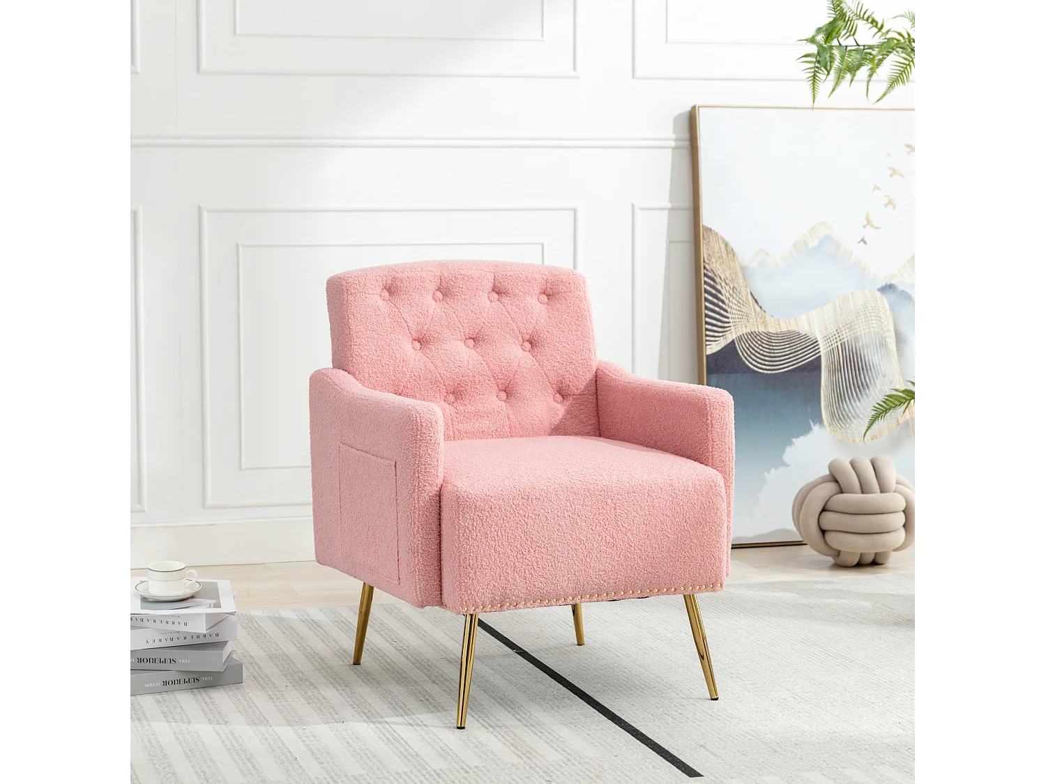 Fauteuil avec poche - pieds en métal doré - tissu teddy rose