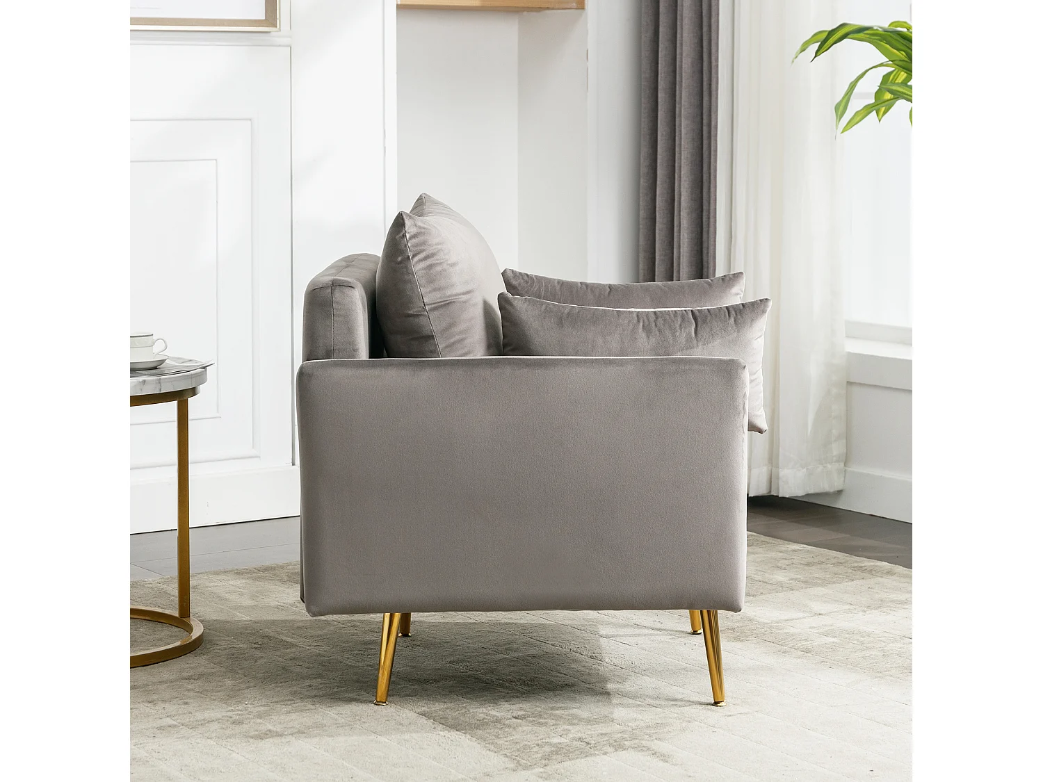 Sillón, puf con almacenaje - 71 x 71 x 76 cm - Tela de terciopelo - Patas de metal dorado - Gris