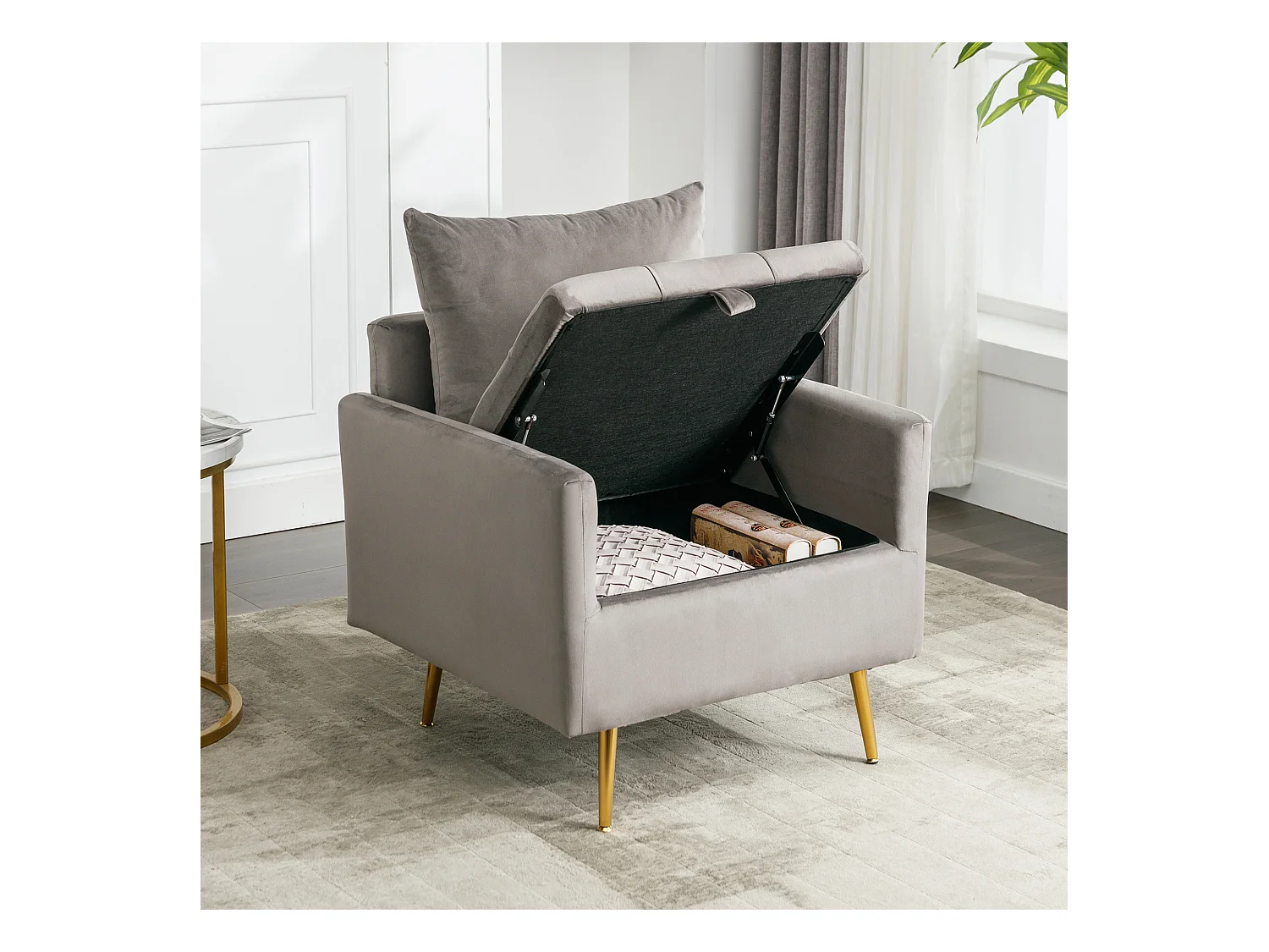Fauteuil, pouf avec rangement - 71 x 71 x 76 cm - Tissu en velours - Pieds en métal doré - Gris
