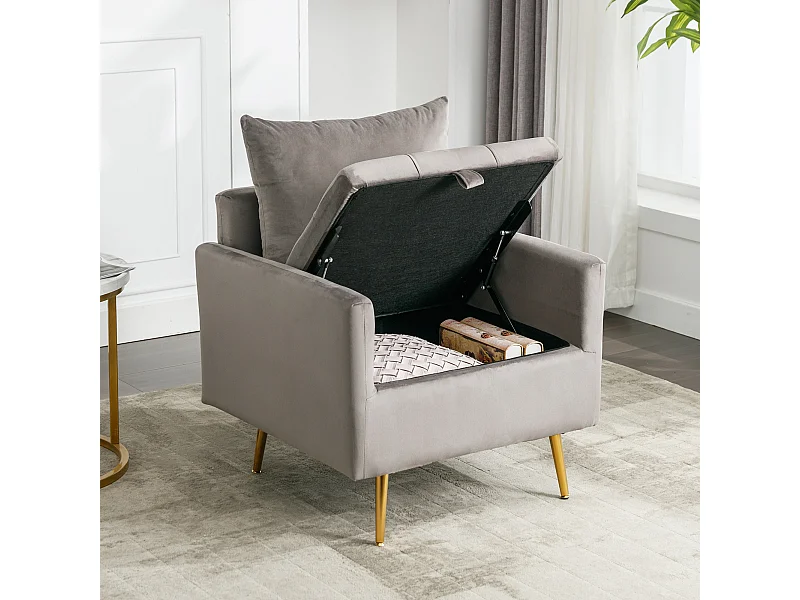 Fauteuil, pouf avec rangement - 71 x 71 x 76 cm - Tissu en velours - Pieds en métal doré - Gris