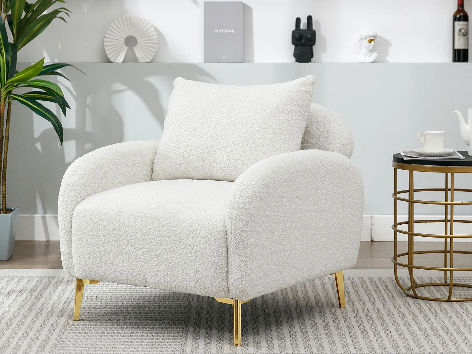 Fauteuil en tissu teddy avec coussin d'oreiller - pieds en bois massif - blanc