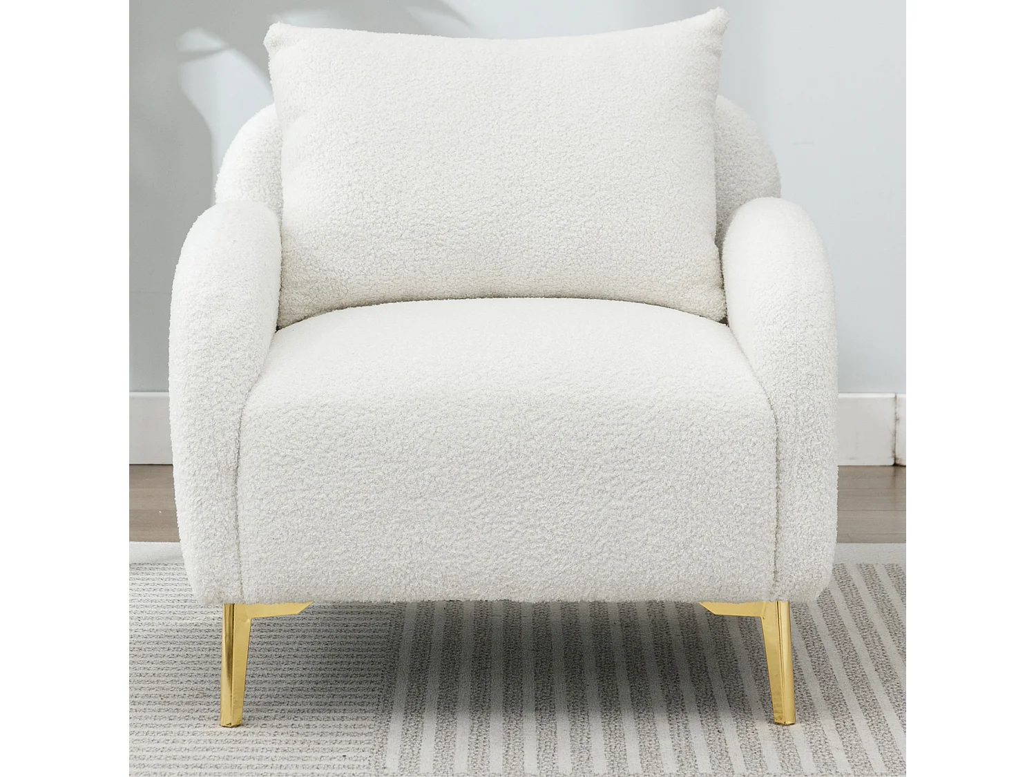 Fauteuil en tissu teddy avec coussin d'oreiller - pieds en bois massif - blanc