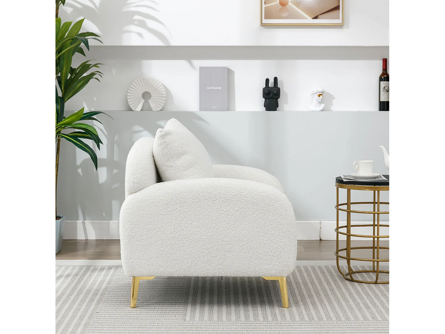 Fauteuil en tissu teddy avec coussin d'oreiller - pieds en bois massif - blanc