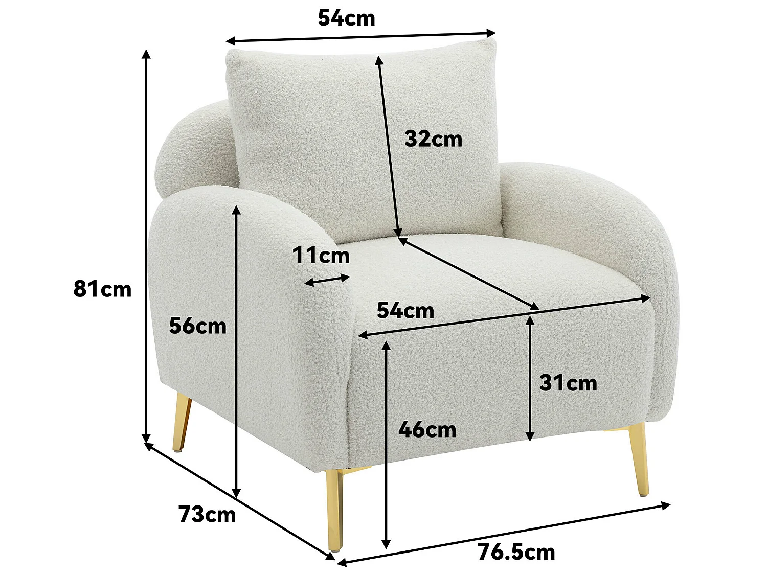 Fauteuil en tissu teddy avec coussin d'oreiller - pieds en bois massif - blanc
