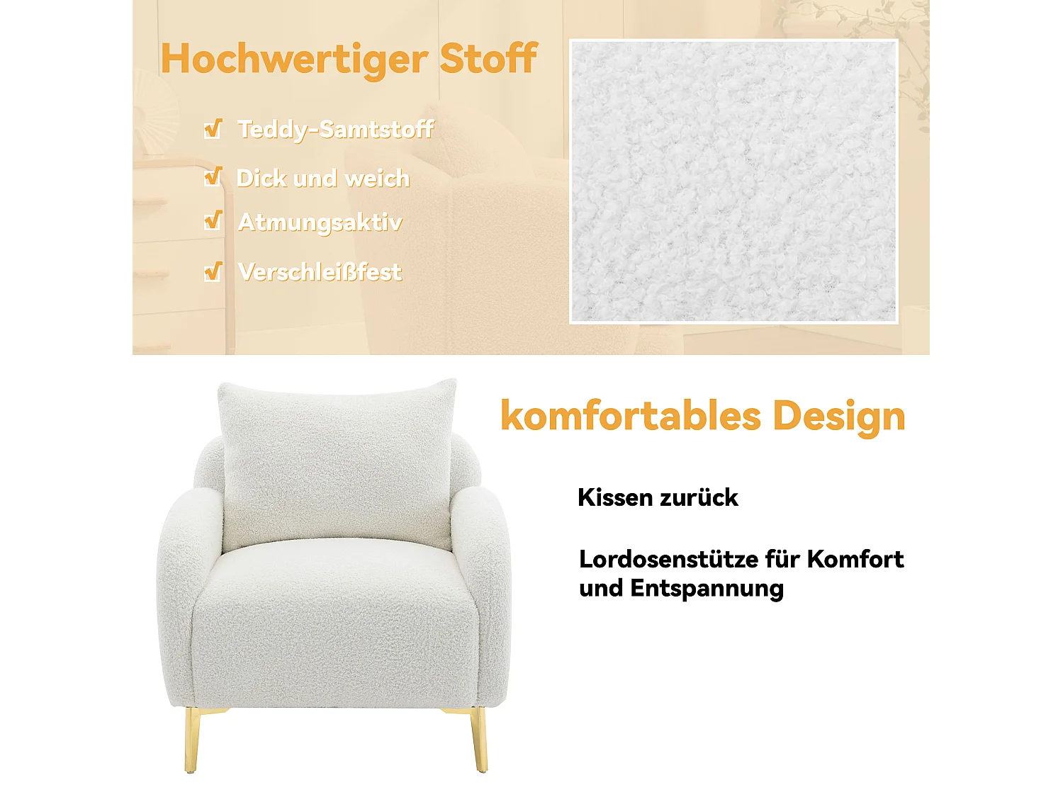 Fauteuil en tissu teddy avec coussin d'oreiller - pieds en bois massif - blanc