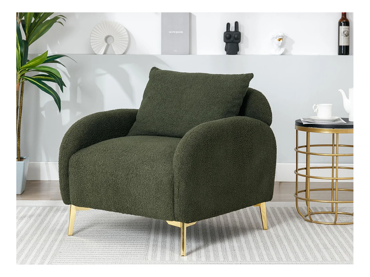 Fauteuil en tissu teddy avec coussin d'oreiller - pieds en bois massif - vert
