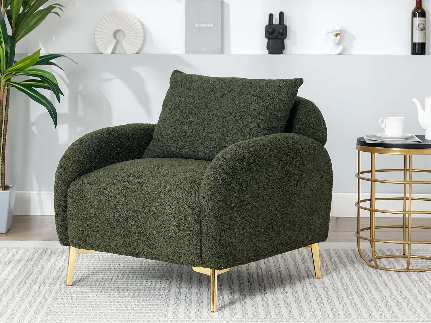 Fauteuil en tissu teddy avec coussin d'oreiller - pieds en bois massif - vert