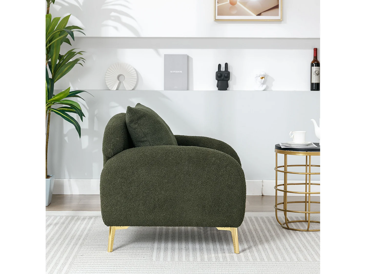 Fauteuil en tissu teddy avec coussin d'oreiller - pieds en bois massif - vert