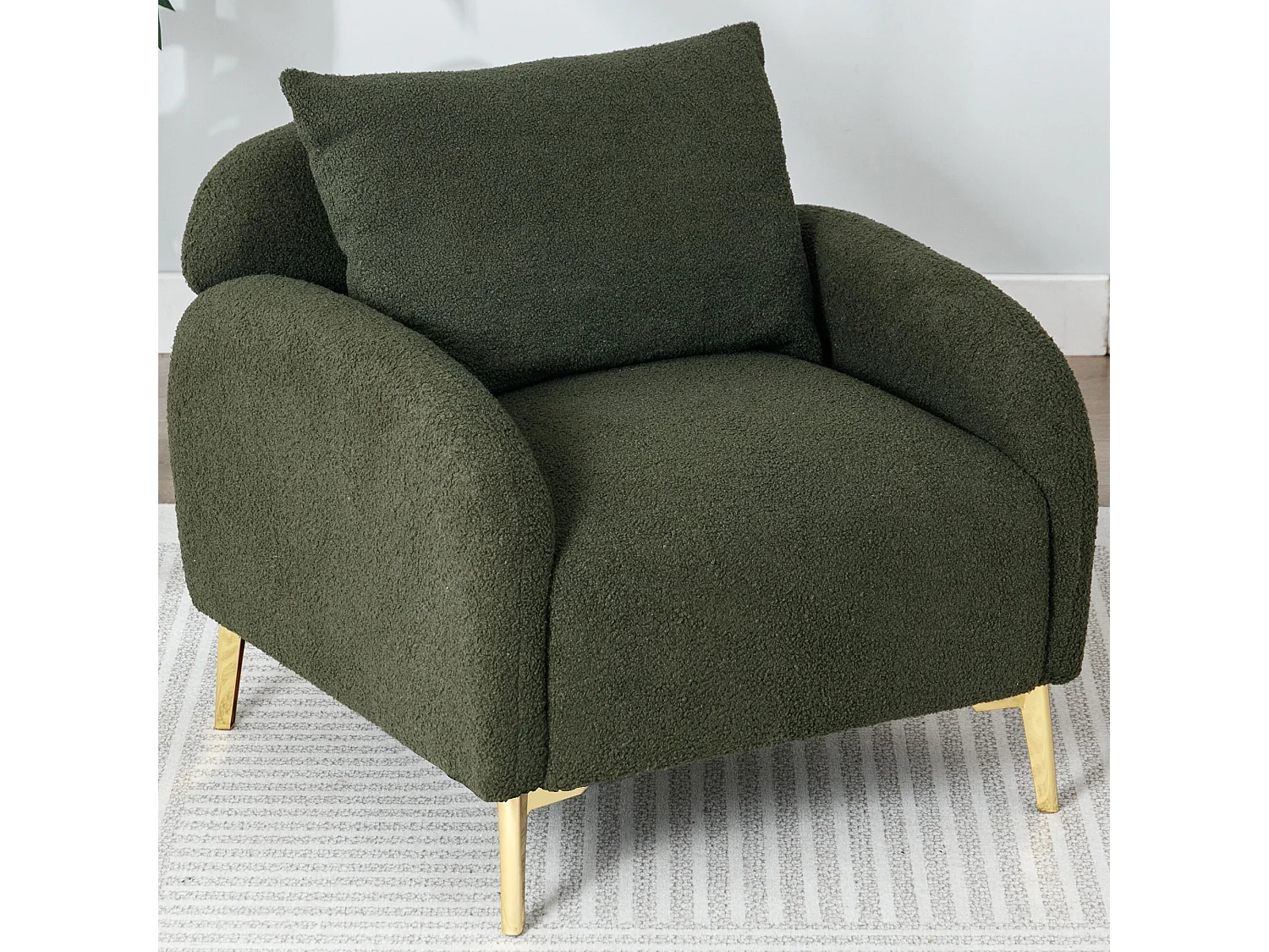 Fauteuil en tissu teddy avec coussin d'oreiller - pieds en bois massif - vert