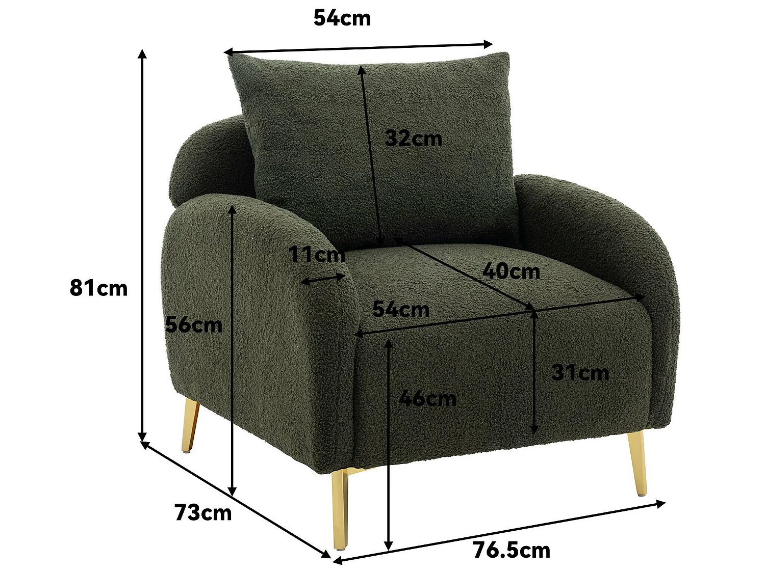 Fauteuil en tissu teddy avec coussin d'oreiller - pieds en bois massif - vert