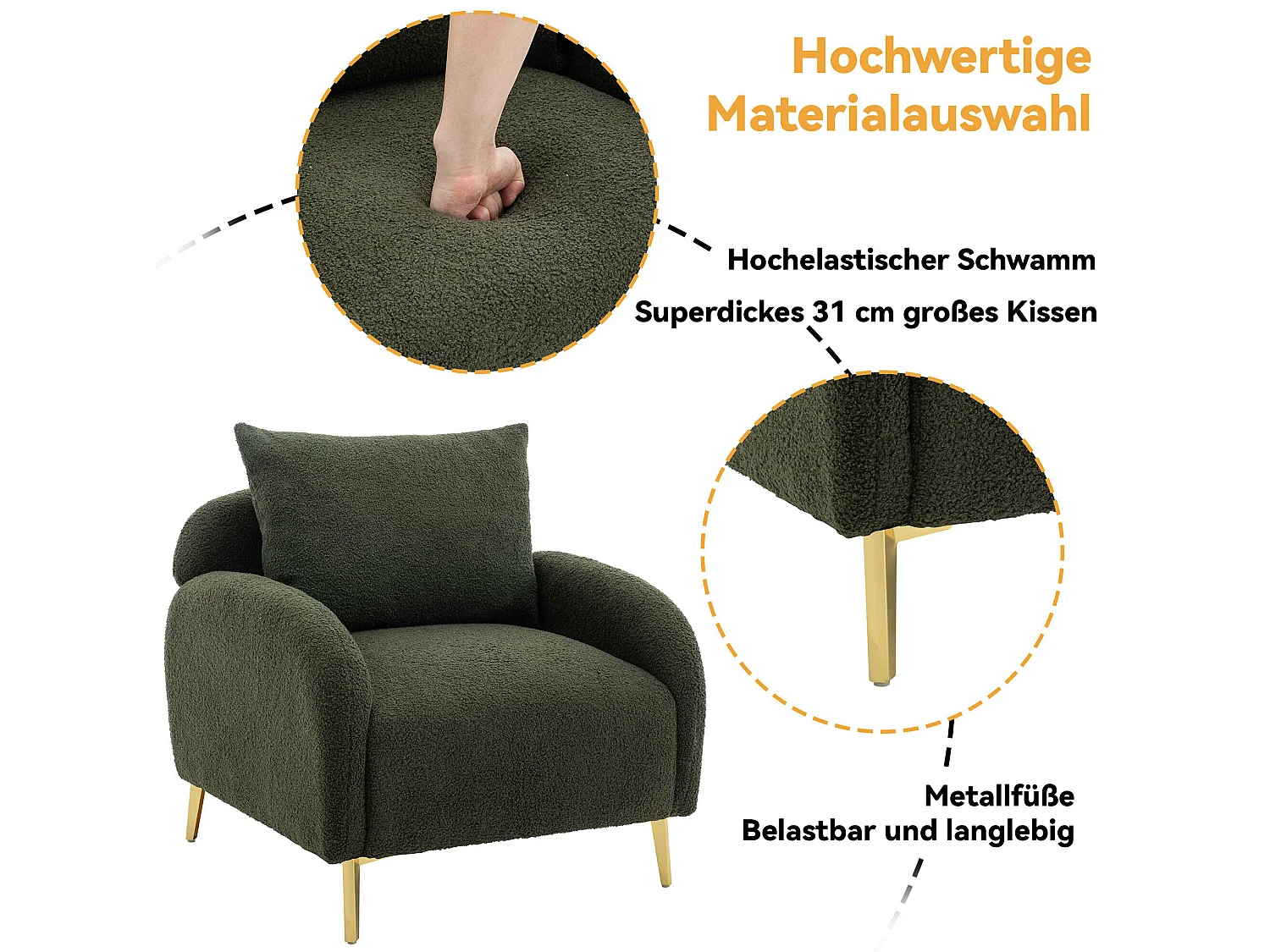 Fauteuil en tissu teddy avec coussin d'oreiller - pieds en bois massif - vert