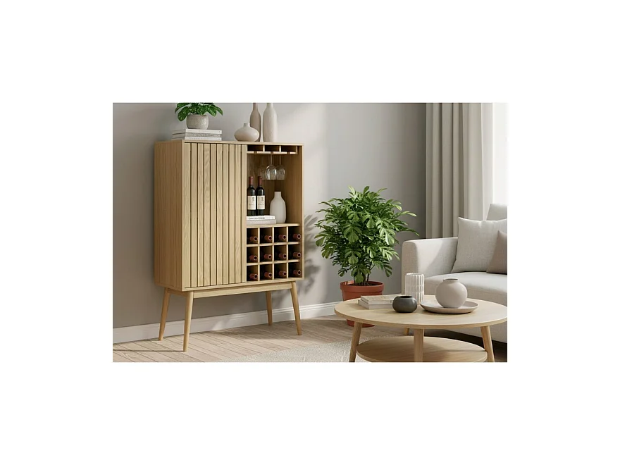 Buffet haut avec range bouteille avec 1 porte coulissante coloris naturel,  pieds en bois -  Longueur 80 x profondeur 40 x hauteur 120 cm