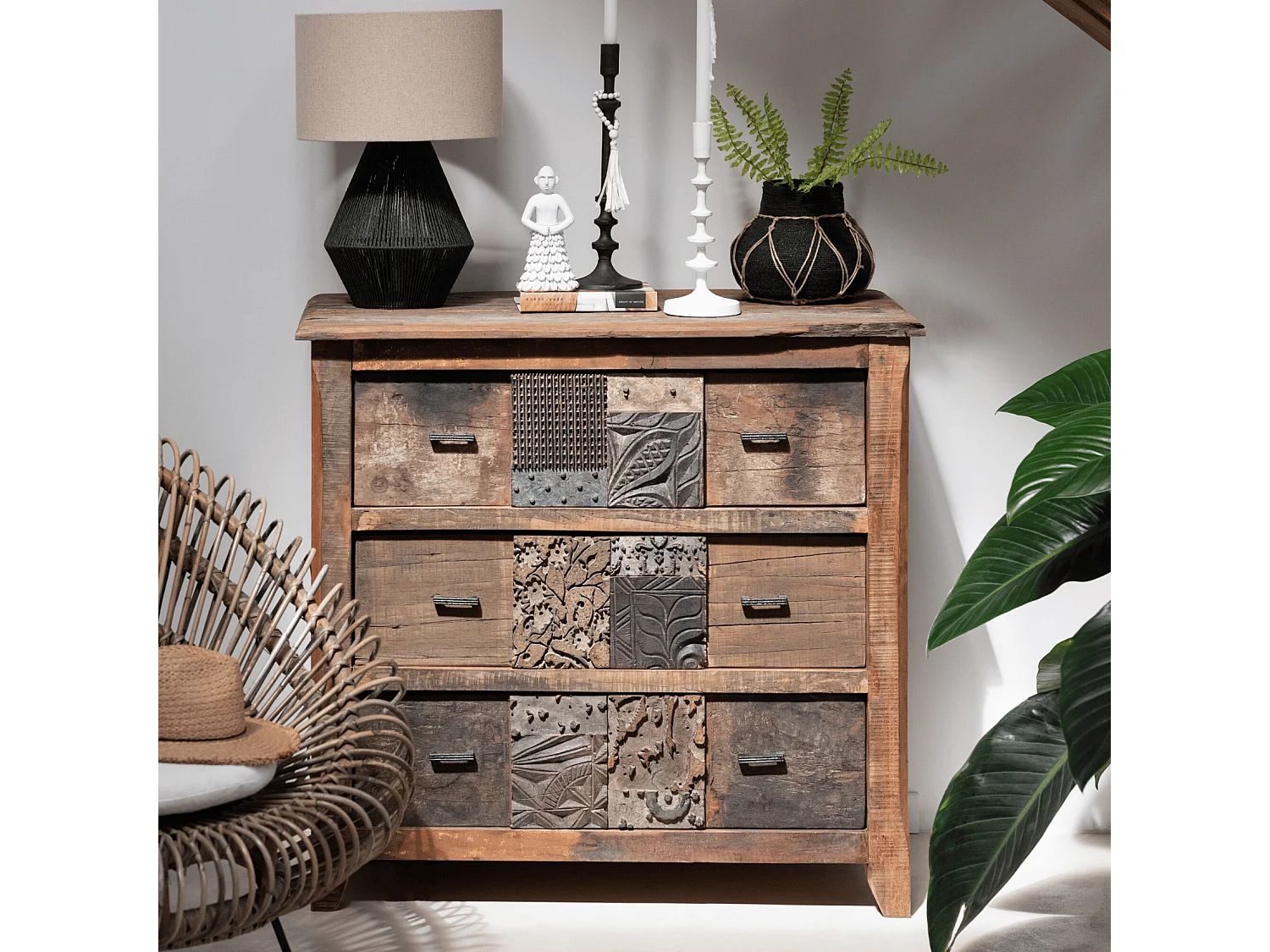 Commode 3 Tiroirs en Bois "Vieilli" 100cm Marron