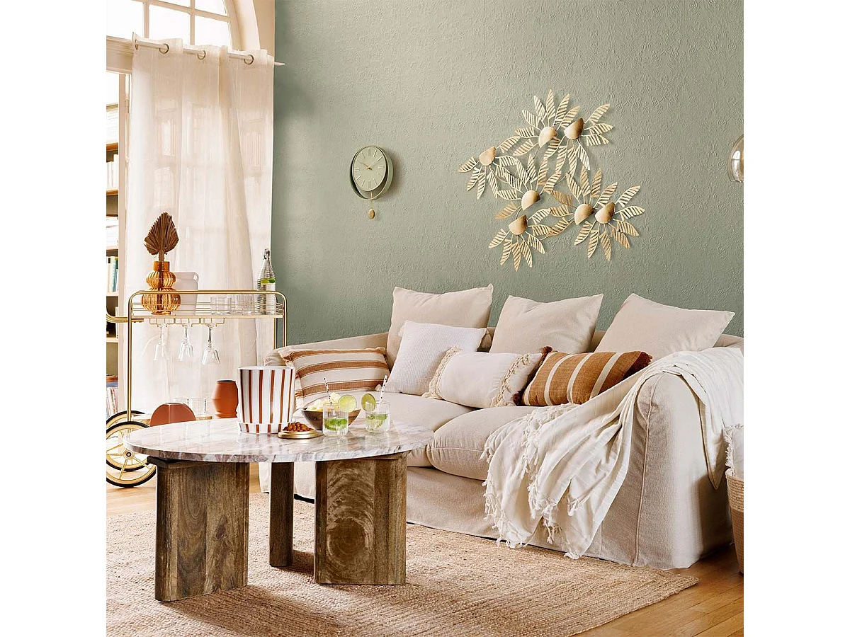 Table Basse en Marbre & Bois "Coppa" 91cm Beige