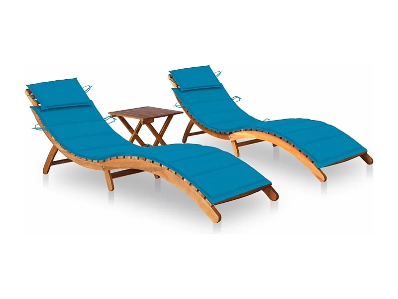 Sonnenliegen 2 Stk. mit Tisch und Auflagen Massivholz Akazie