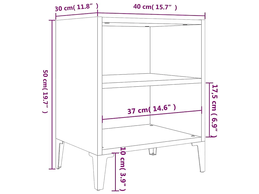 Table de chevet avec pieds en métal gris béton 40x30x50 cm