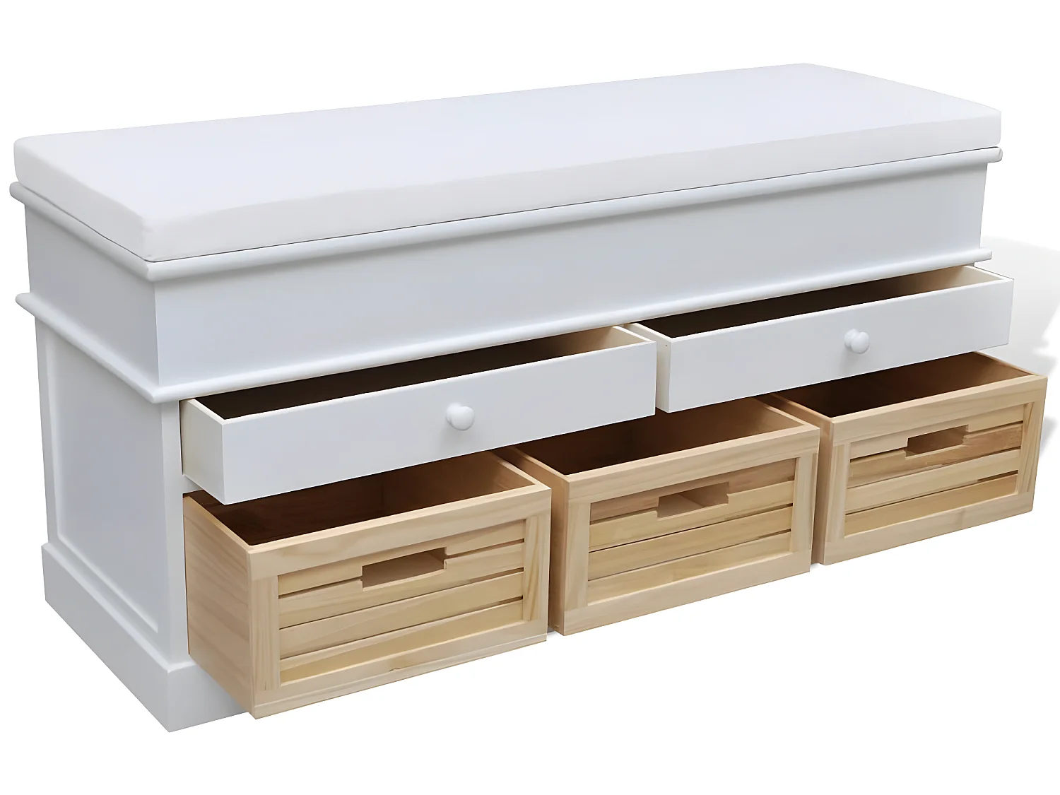 Banqueta blanca con cojin y cajones / cestas