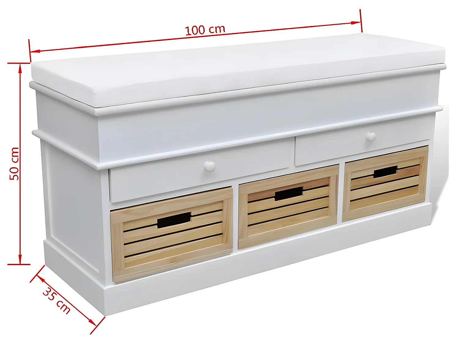 Banqueta blanca con cojin y cajones / cestas