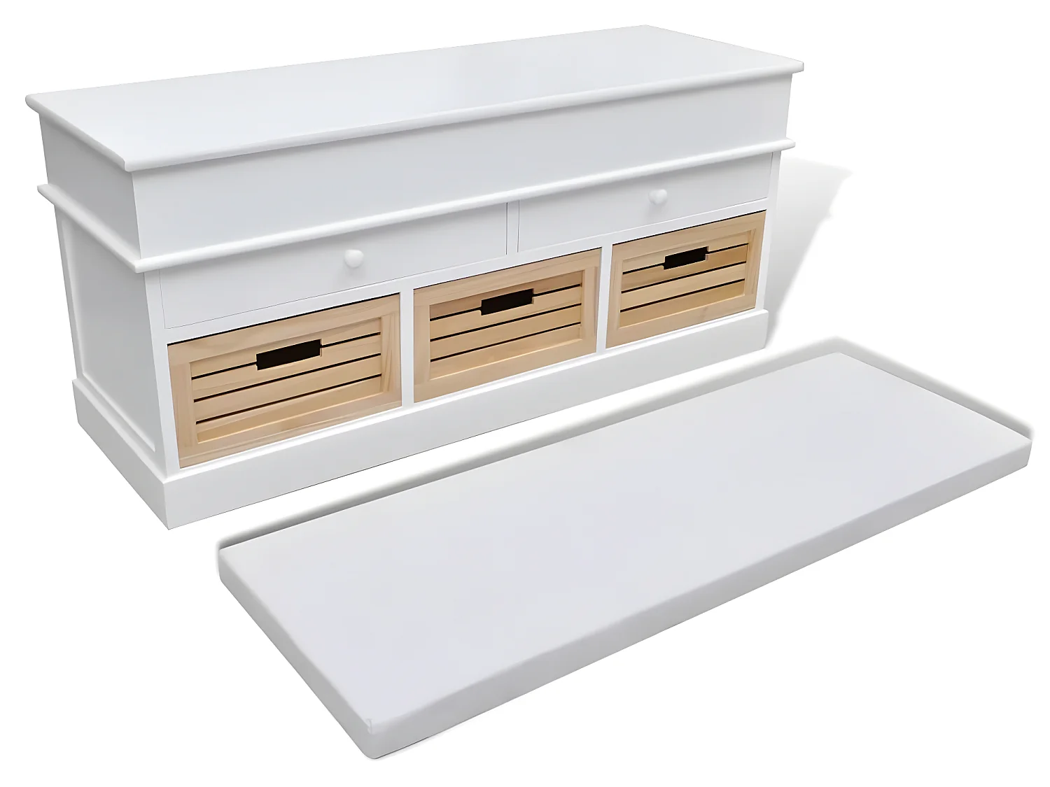 Flurbank mit Stauraum und Sitzpolster Weiß 2 Schubladen 3 Kisten