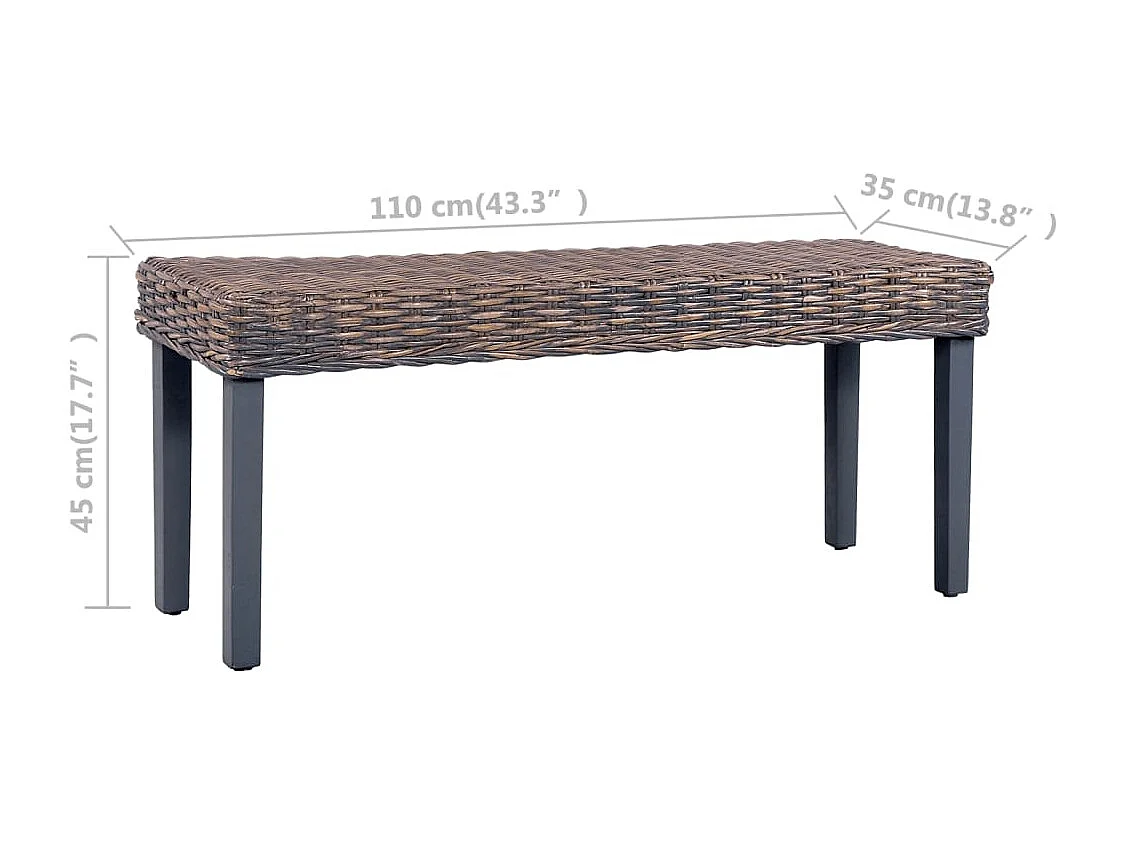 Bankje 110 cm natuurlijk kubu rattan en massief mahoniehout grijs