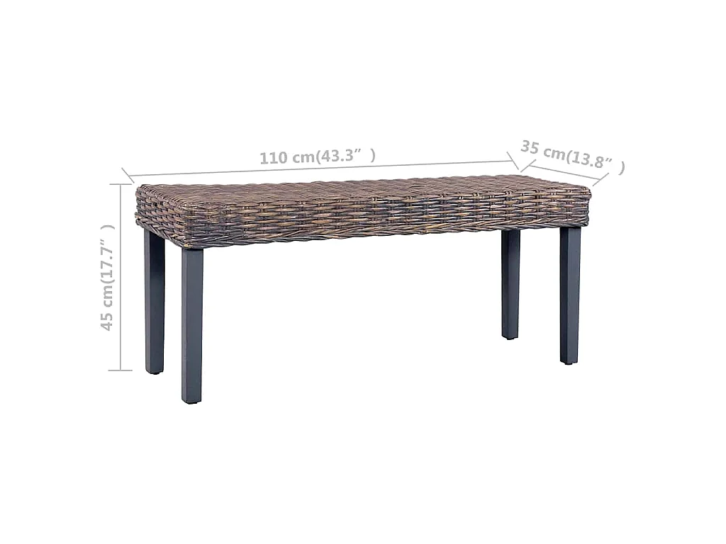 Banc 110 cm Gris Rotin naturel kubu et bois d'acajou massif
