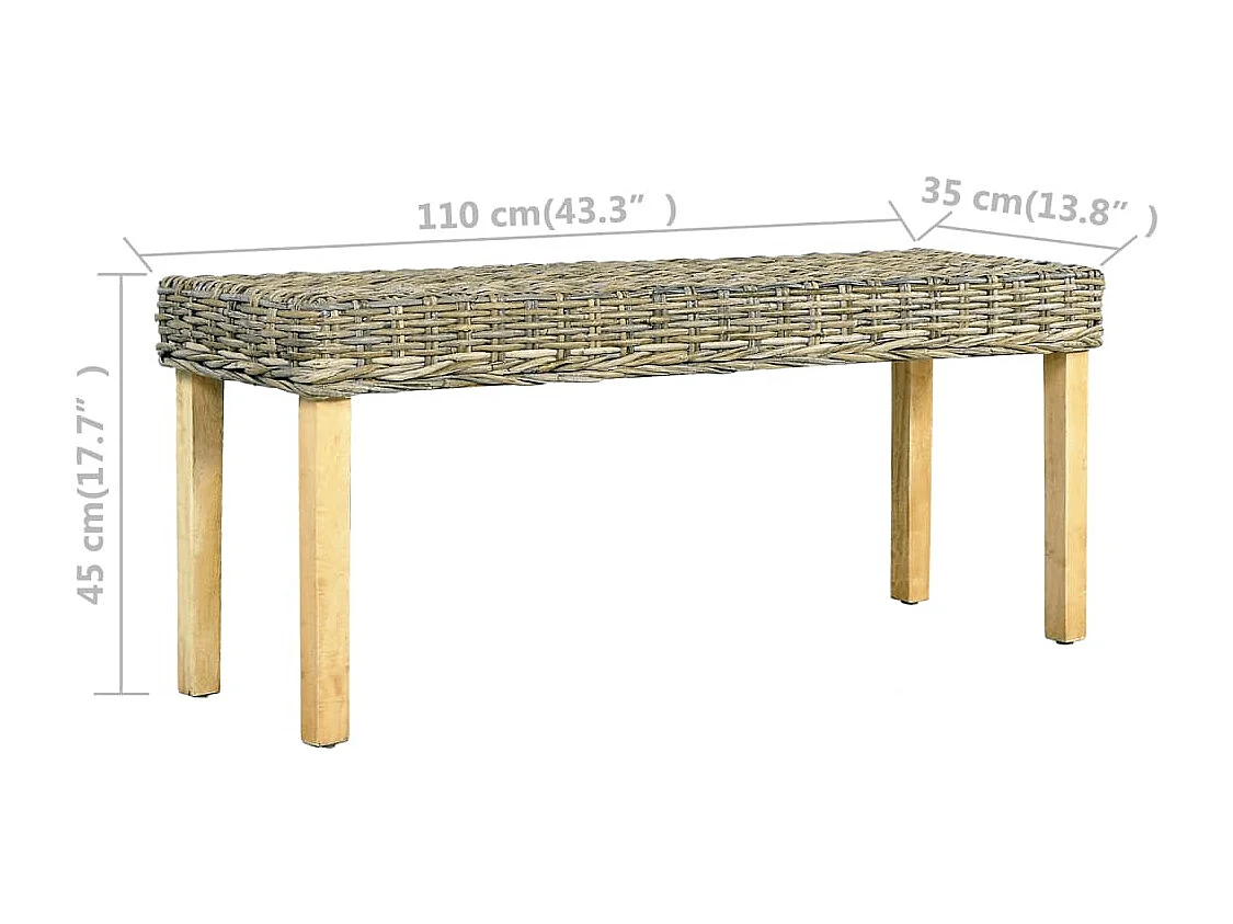 Banc 110 cm Rotin naturel kubu et bois d'acajou massif