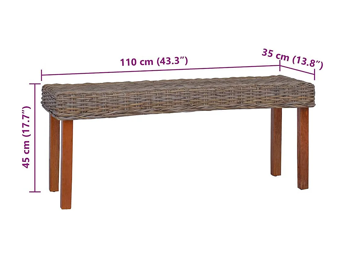 Banco 110cm vime Kubu natural e madeira maciça de mogno