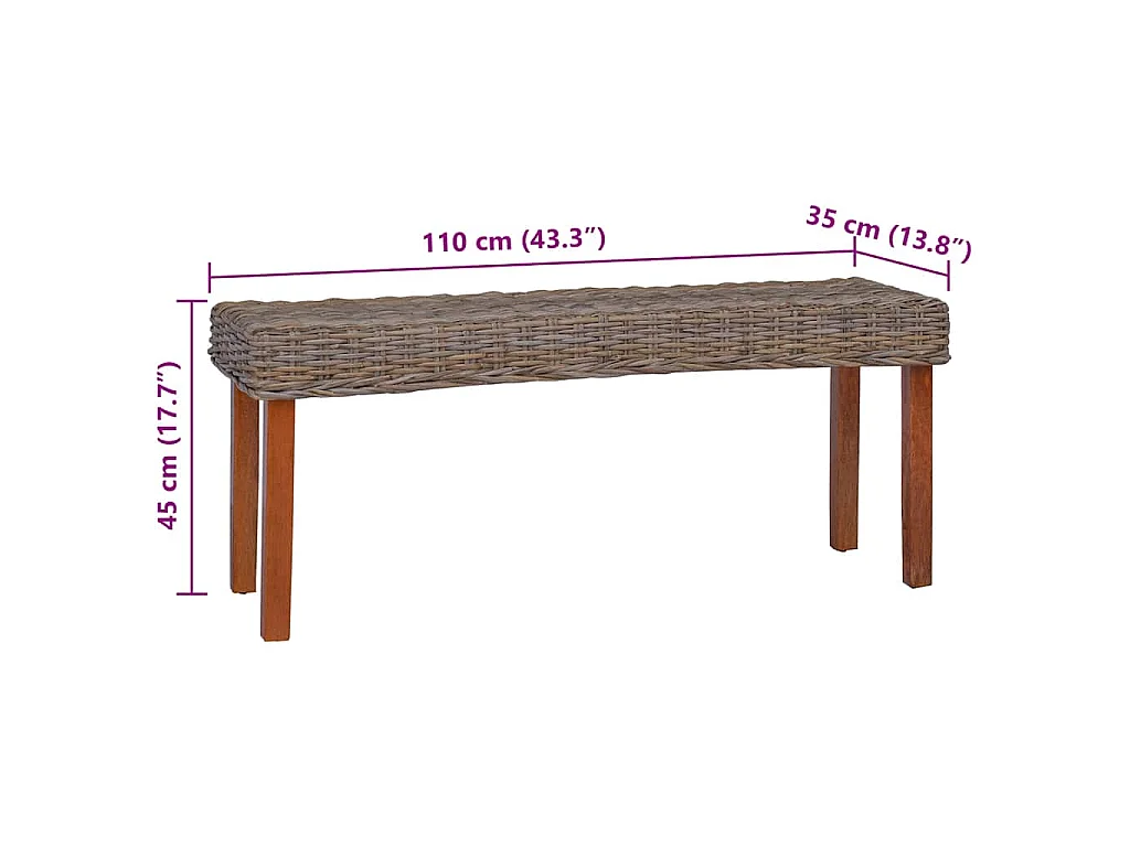 Banc 110 cm Rotin naturel kubu et bois d'acajou massif