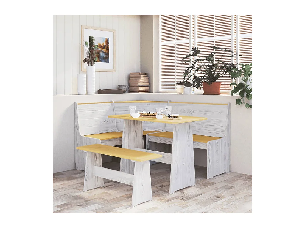Banc d'angle REINE 151 cm marron miel et blanc bois pin solide