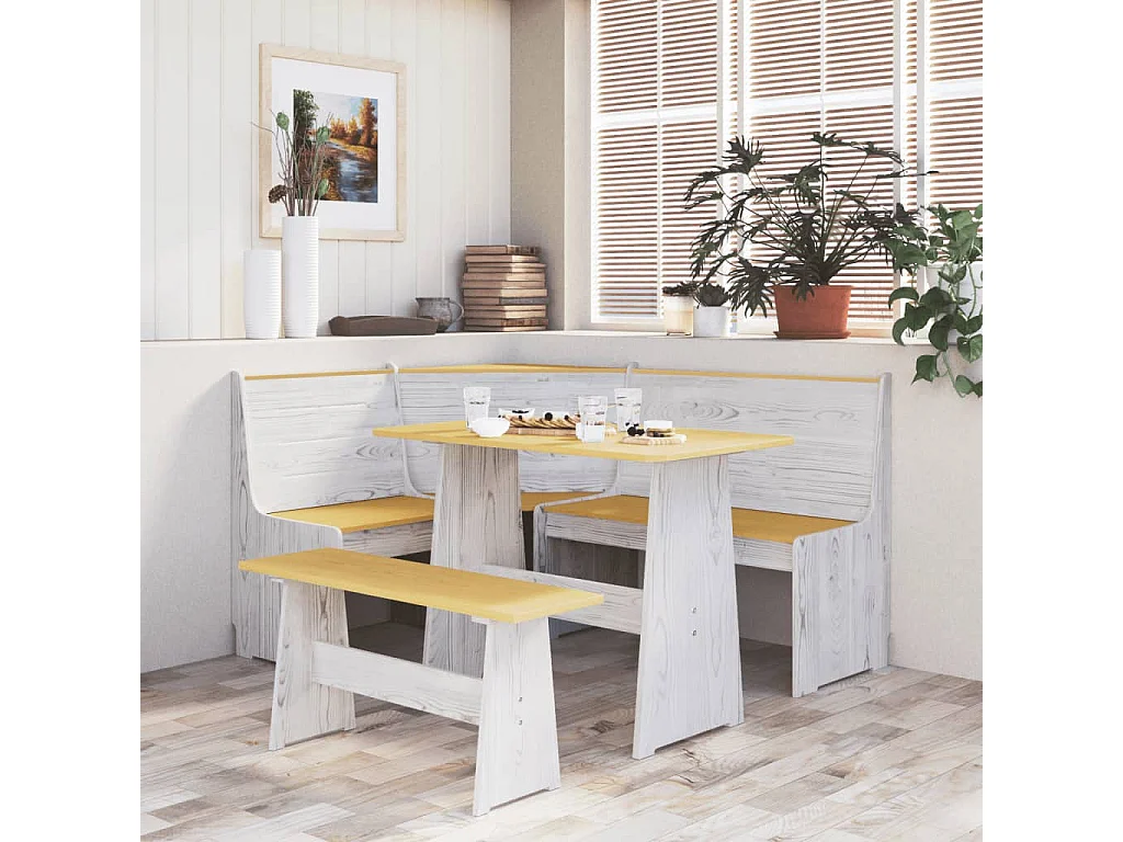 Banc d'angle REINE 151 cm marron miel et blanc bois pin solide