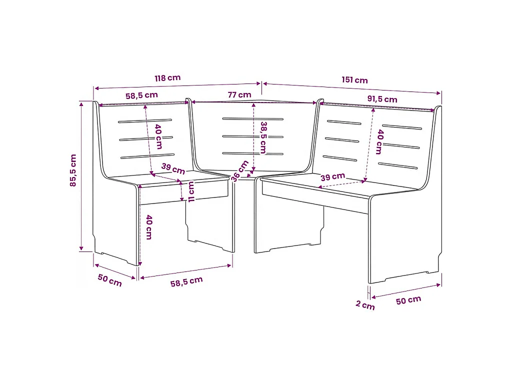 Banc d'angle REINE 151 cm marron miel et blanc bois pin solide