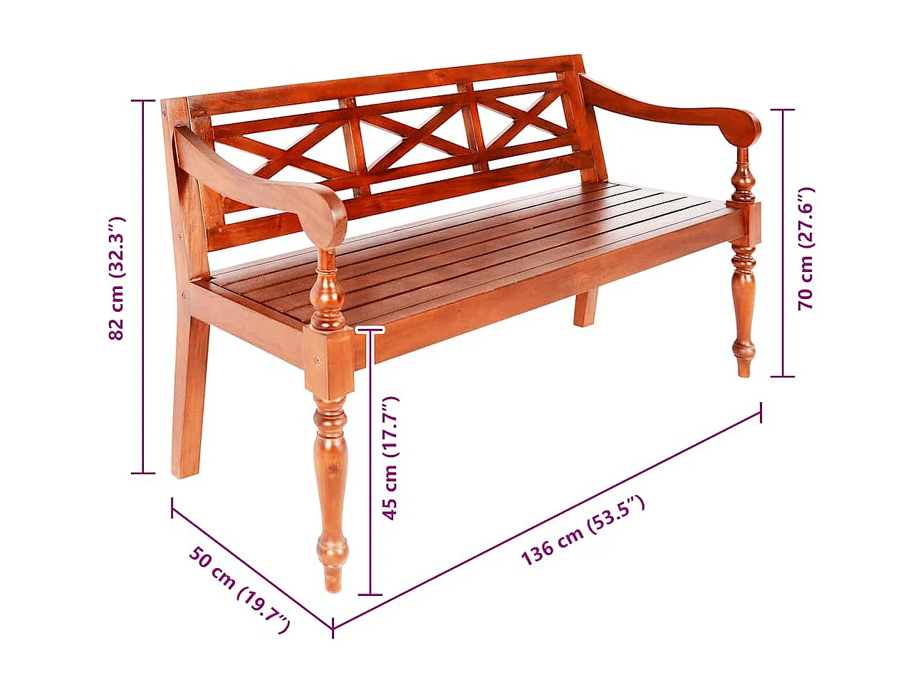 Banc Batavia 136 cm Bois d'acajou massif Marron foncé