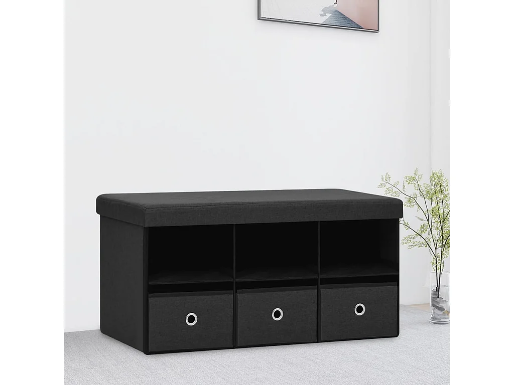 Banco de almacenaje plegable lino sintético negro 76x38x38 cm