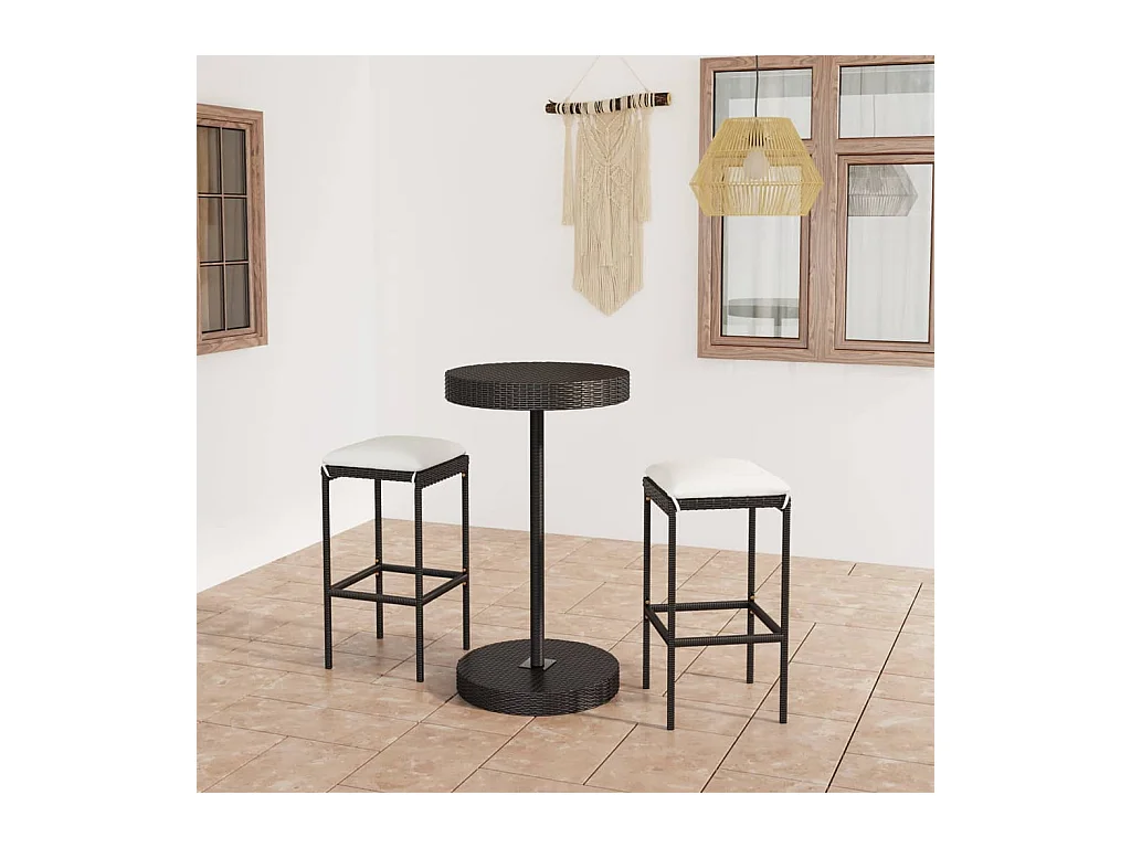 Ensemble de bar de jardin 3 pcs et coussins Résine tressée Noir