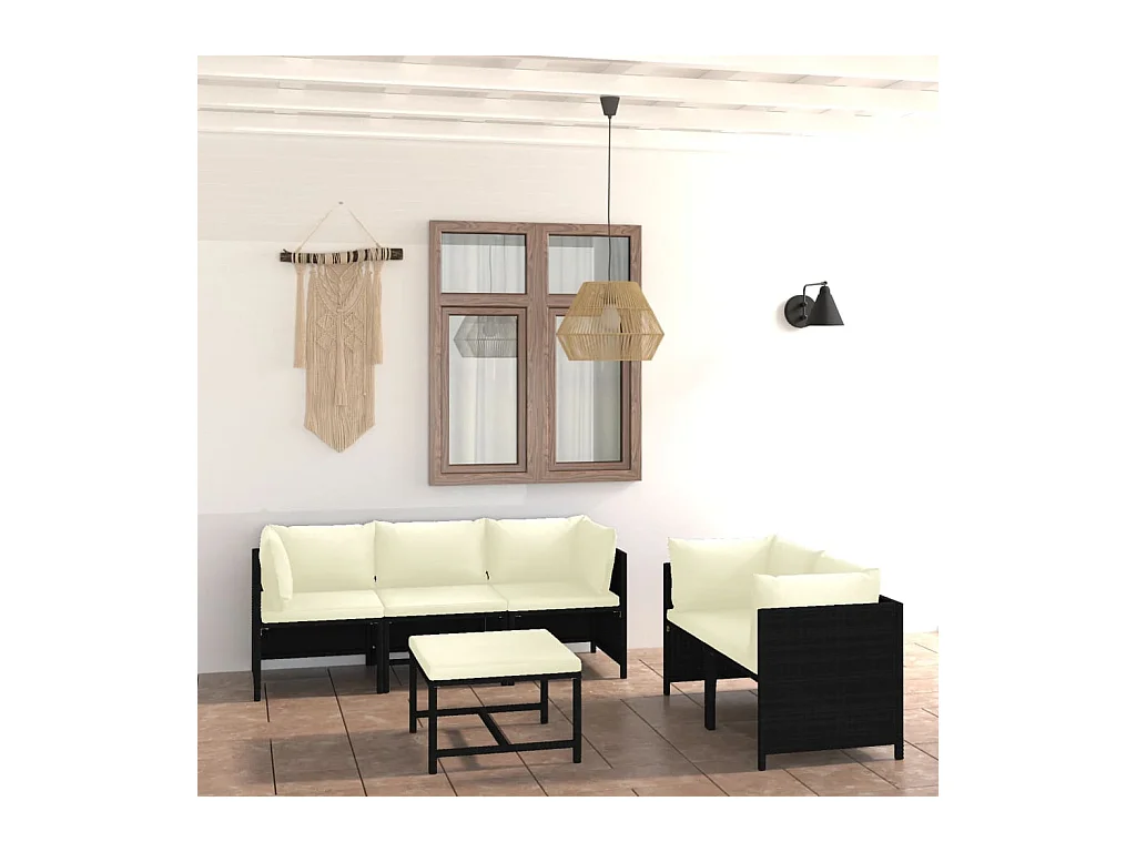 Salon de jardin 6 pcs avec coussins Résine tressée Noir