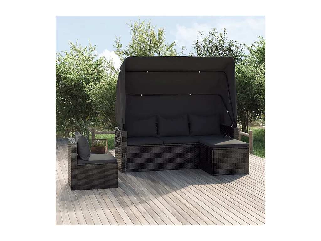 Salon de jardin 4 pcs avec coussins noir résine tressée