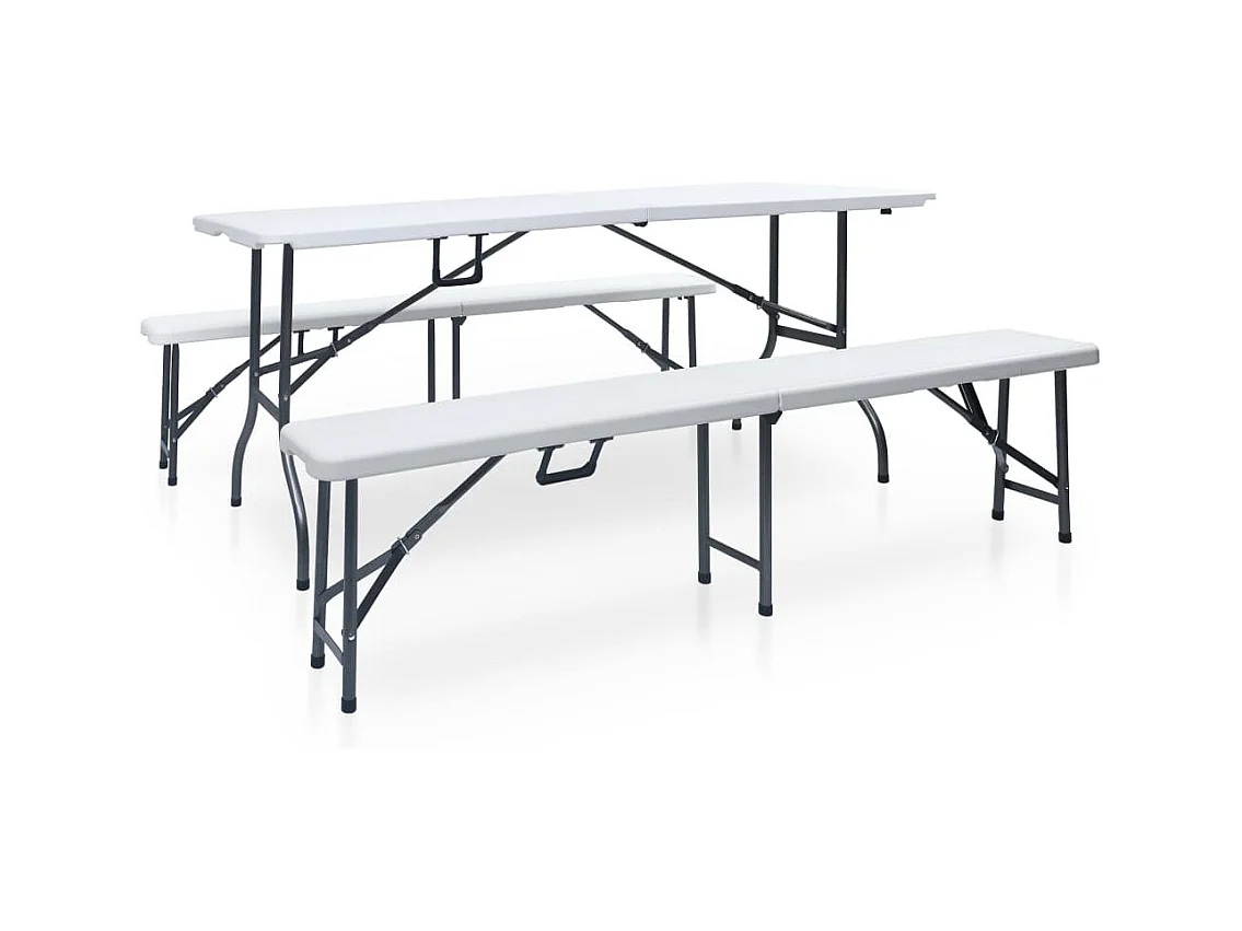 Table pliable de jardin avec 2 bancs 180 cm Acier et PEHD Blanc
