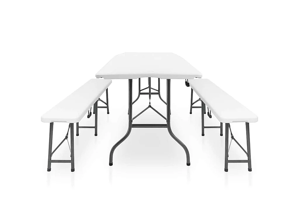 Tuintafel met 2 bankjes inklapbaar 180 cm staal en HDPE wit