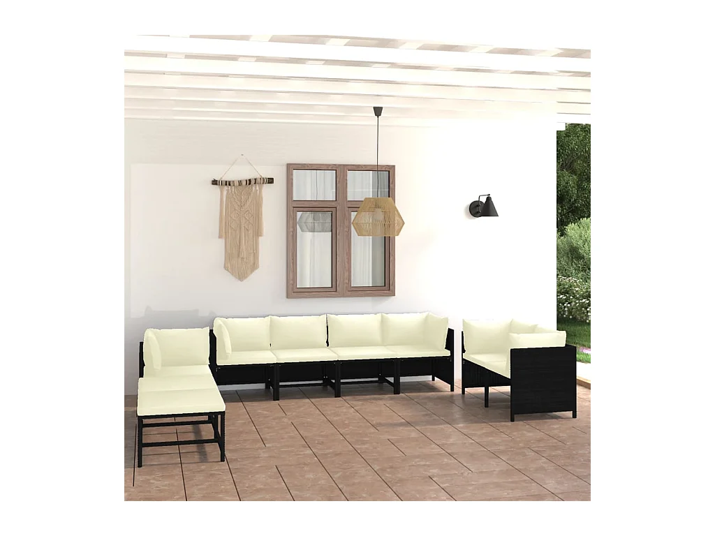 Salon de jardin 10 pcs avec coussins Résine tressée Noir