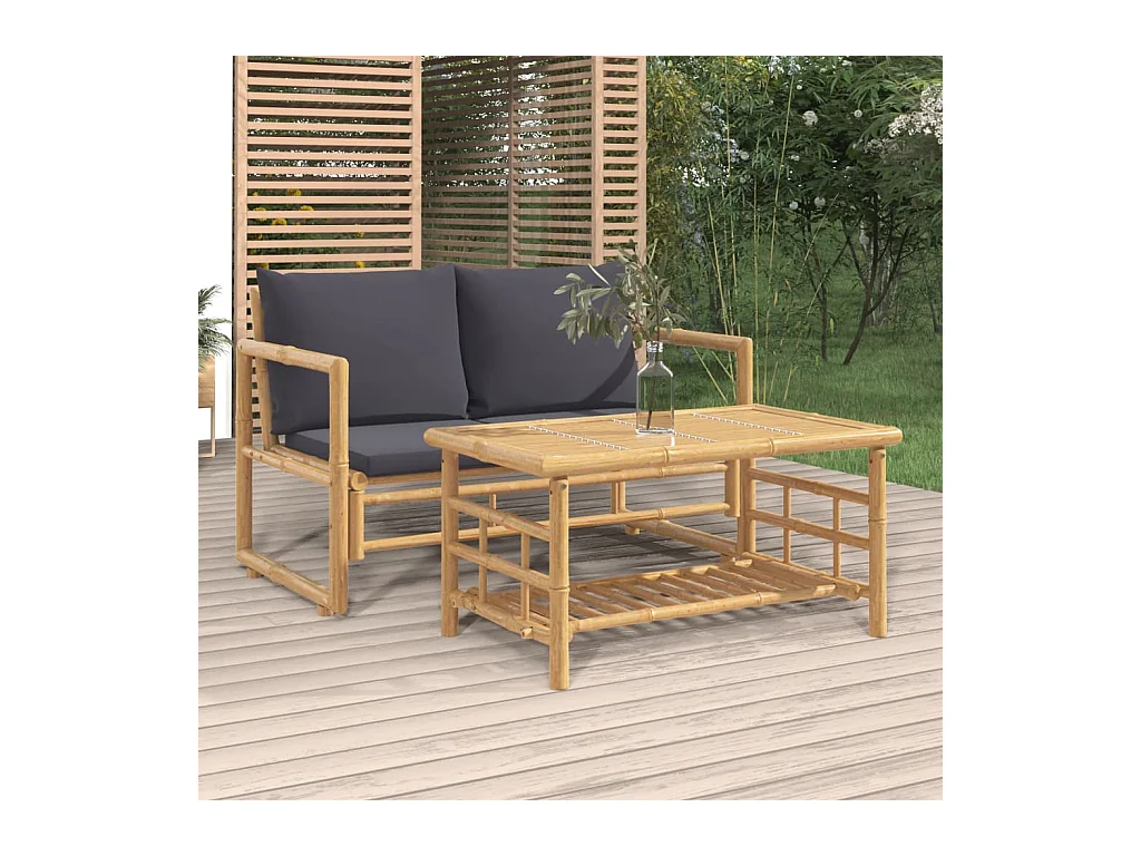 Salon de jardin 2 pcs avec coussins gris foncé bambou