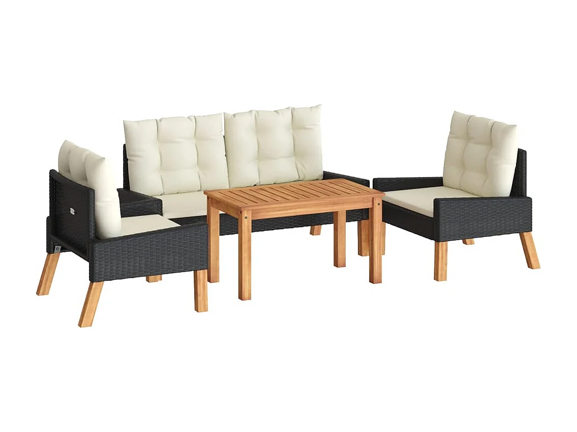 4-delige Loungeset met kussens poly rattan en massief hout