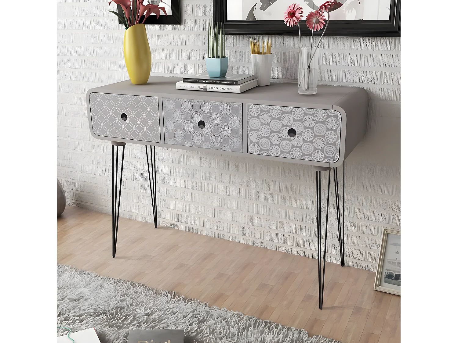 Table console avec 3 tiroirs Gris