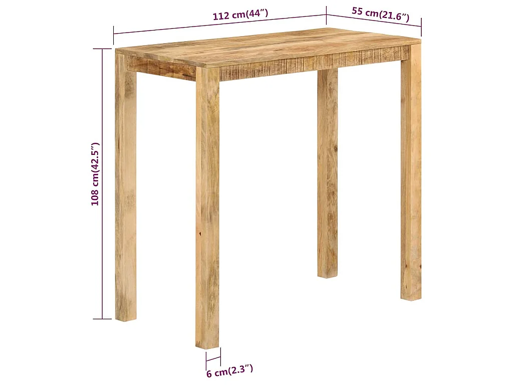 Mesa alta de bar madera maciza de mango 112x55x108 cm
