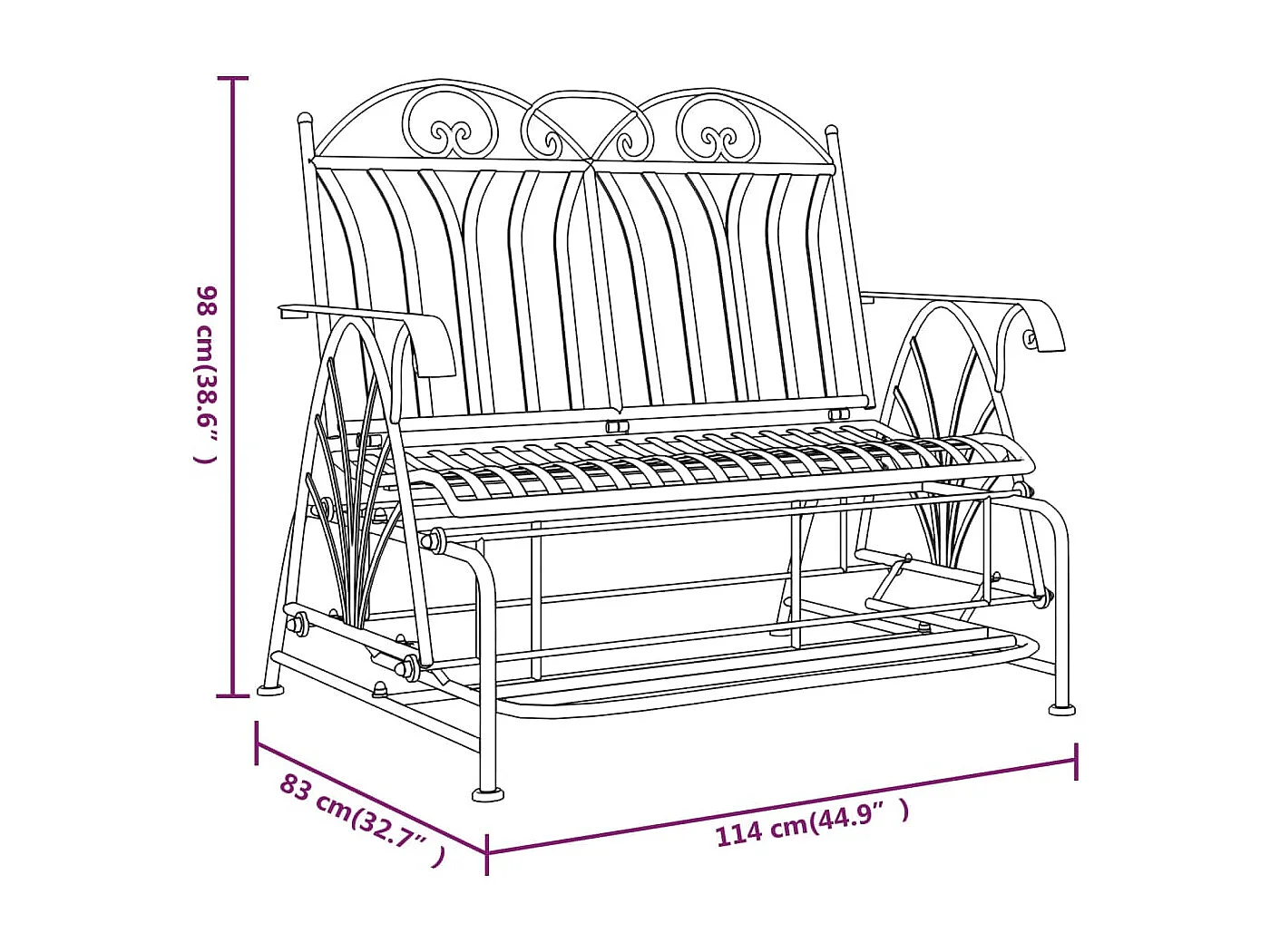 Banc coulissant 2 places 114 cm Noir Acier