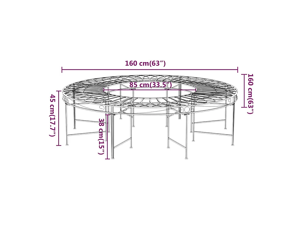 Banc circulaire tour d'arbre Ø160 cm Noir Acier