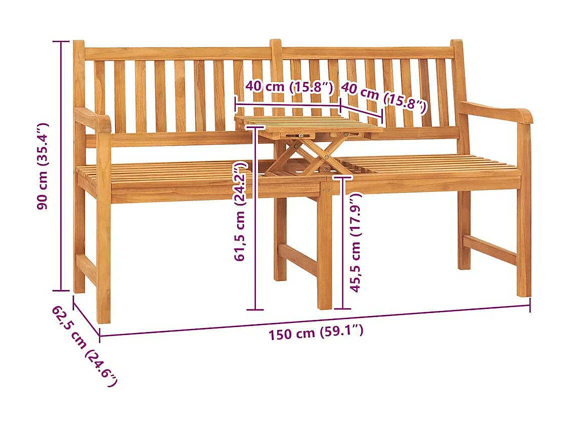 Panca Giardino 3 Posti con Tavolino 150 cm Legno Massello Teak