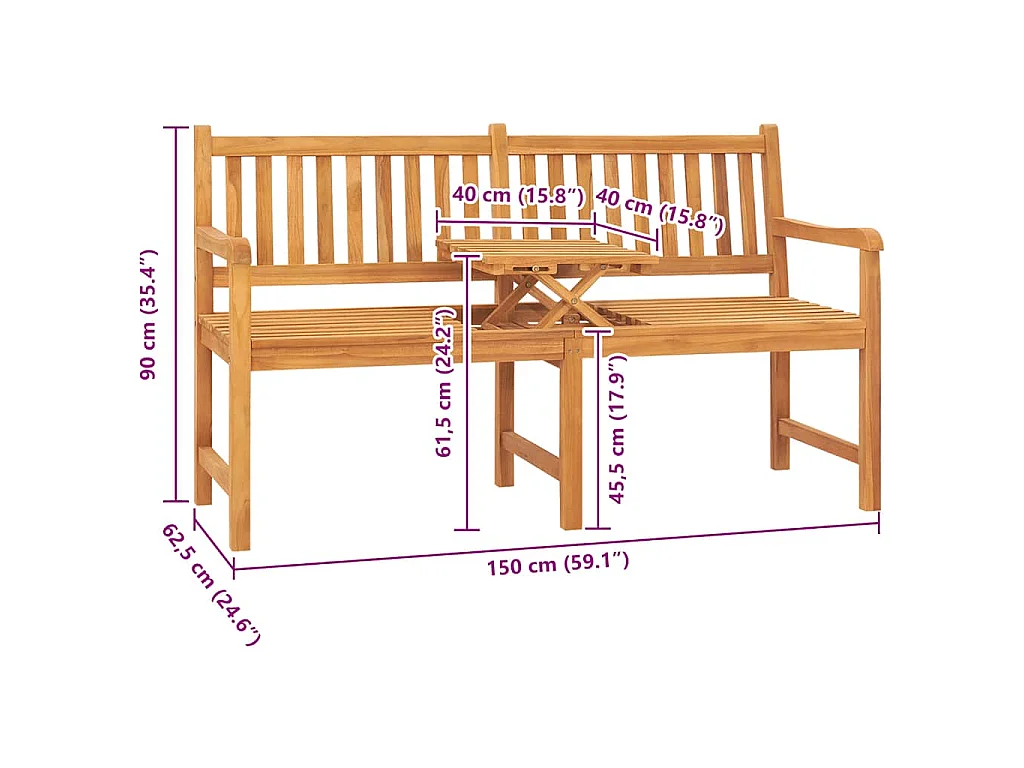 Gartenbank 3-Sitzer mit Tisch 150 cm Massivholz Teak